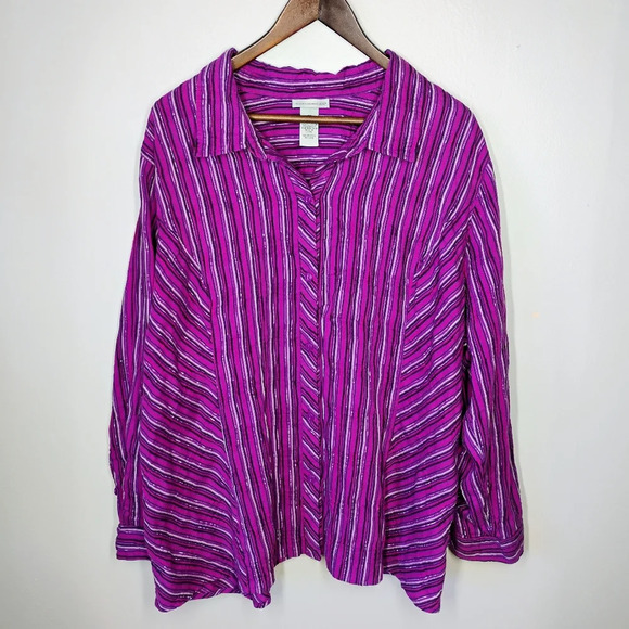 Catherines Metallic Purple Striped Roll Tab Button Down Shirt Plus Size 2X - Picture 1 of 9